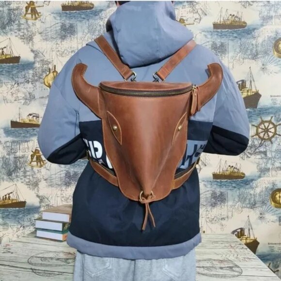 Taurus Bull Backpack Brown Custom Leather Shoulder Bag Travel Handbag Large - Picture 2 of 2